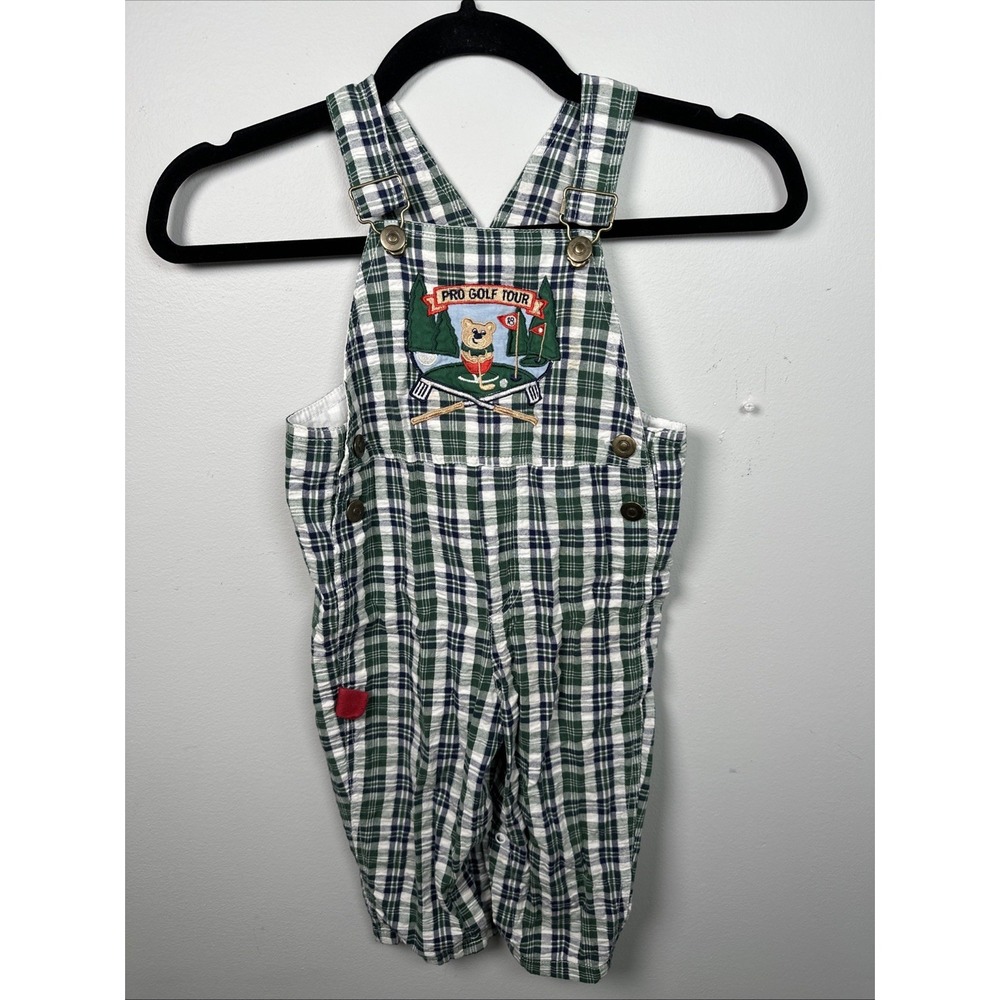 Vintage 24 Mo Baby Overalls Romper Plaid Golf Green Bear Pants 100% Cotton - Picture 1 of 11